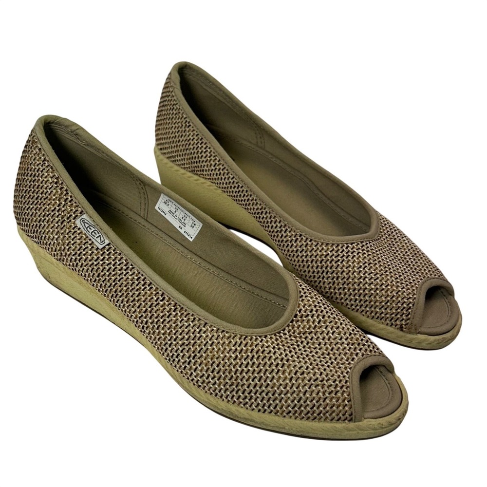 KEEN Women 8 Tan Brown Woven Peep Toe Wedge Sandals Shoes 1012412 Slip On